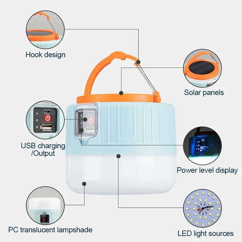 Wattage: 9W - Solar LED Camping Light USB Rechargeable Tent Lamp Outdoor Waterproof Emergency Lights Portable Lanterns Energy Saving Bulb
