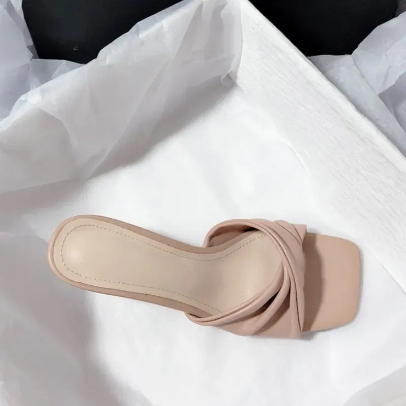 Color: Beige, Shoe Size: 37 - Fashion Summer Women Shoes New Handmade Square Open Toe High Heels Outdoor Fashion Slippers Apricot Off White