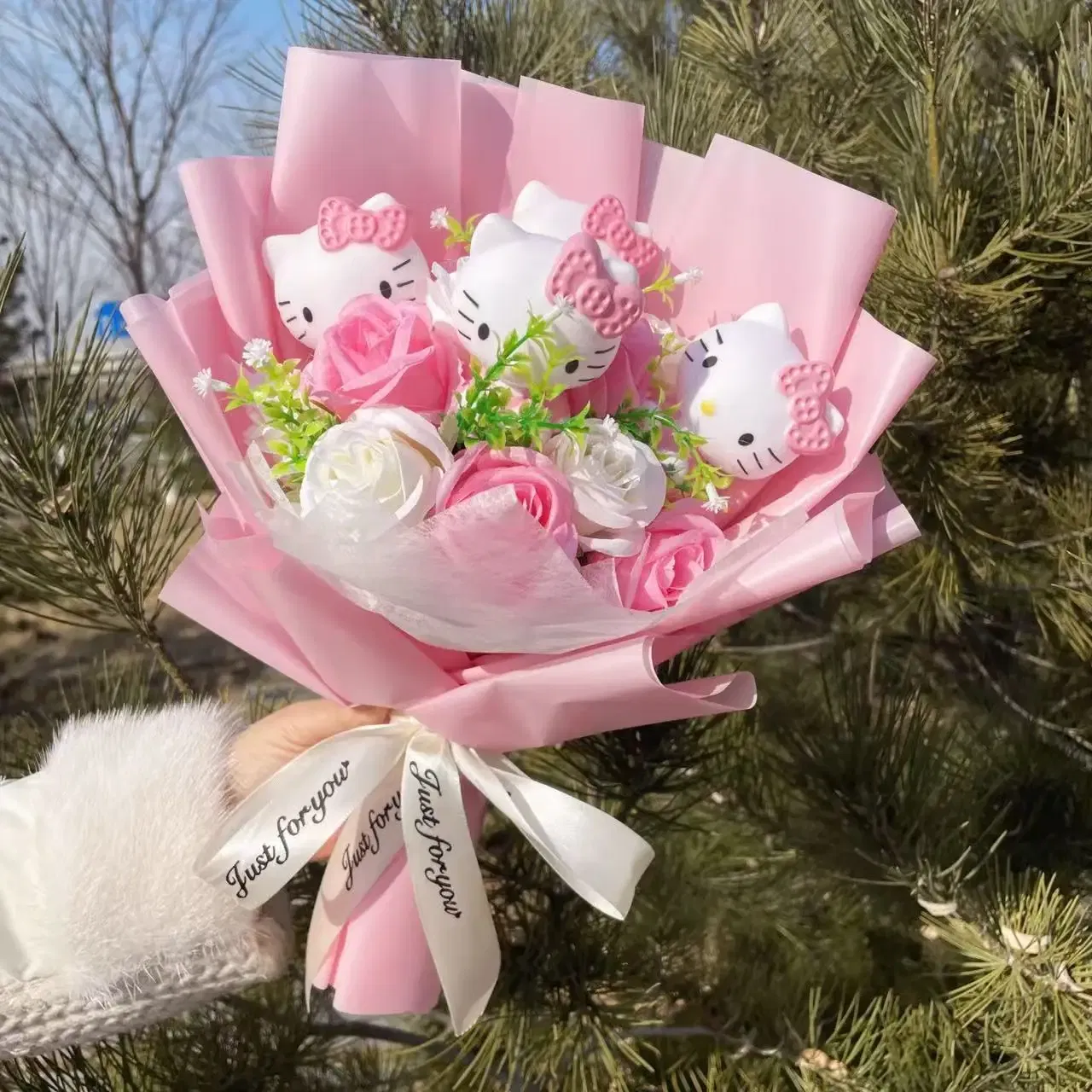 Color: Fluorescent Yellow - Kawaii Hello Kitty Cat Dolls With Artificial Flowers Creative Bouquet Christmas Valentine Birthday Graduation Gifts