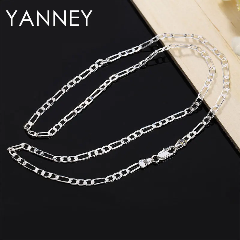 Gem Color: Green, Length: 60cm - 925 Sterling Silver 4MM 16-30 Inches Figaro Chain Bracelet Necklace For Man Woman Fashion Couple Christmas Gift Jewelry Set 2pcs
