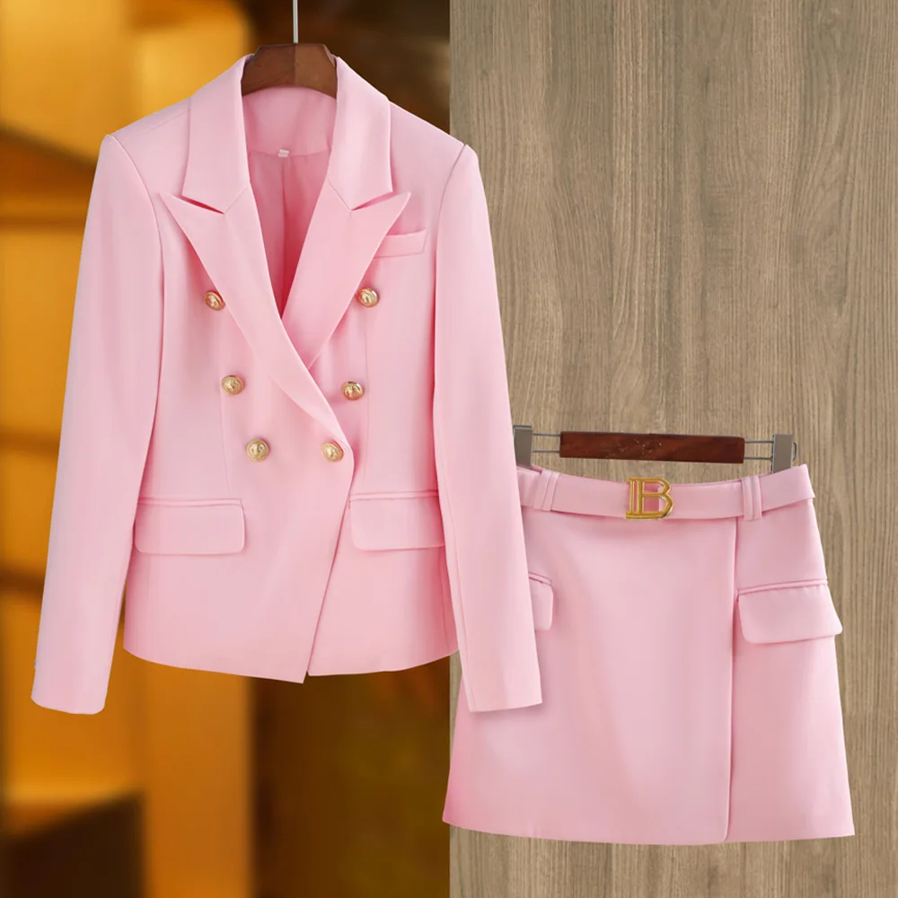 Color: Blue, Size: M, Ships From: CN - New Arrival Elegant Style Lady Office Work Suit Double-breasted Long Sleeve Fitted Blazer A-line Pencil Mini Skirt Women 2Pcs