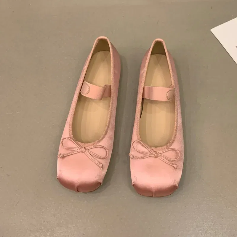 Color: Blue, Shoe Size: 38 - 2023Luxury Satin Silk Ballet Shoes Woman Classic Square Toe Bowtie Elastic Band Ballerina Flats Ladies Soft Loafers