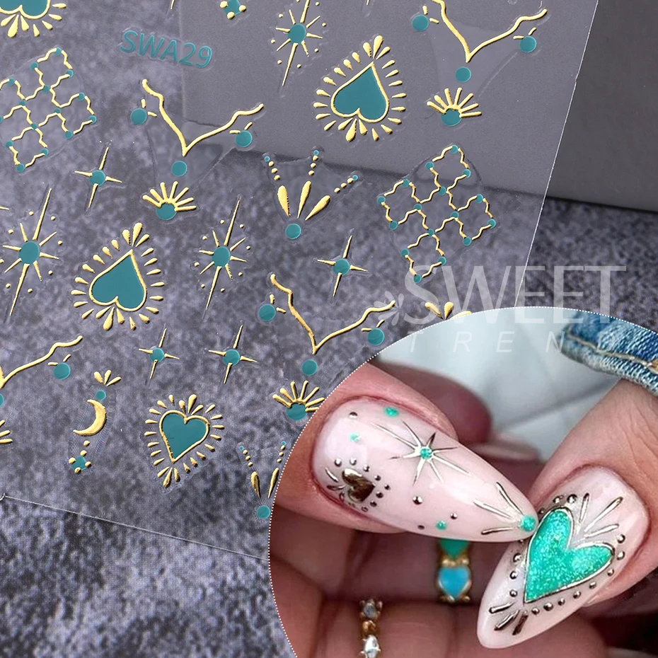 Color: GRAY - Metallic Bohemian Style Nail Sticker Gold Silver Lace Lines Green Gem Love Heart 3D Holographic Manicure Sliders Nail Decoration