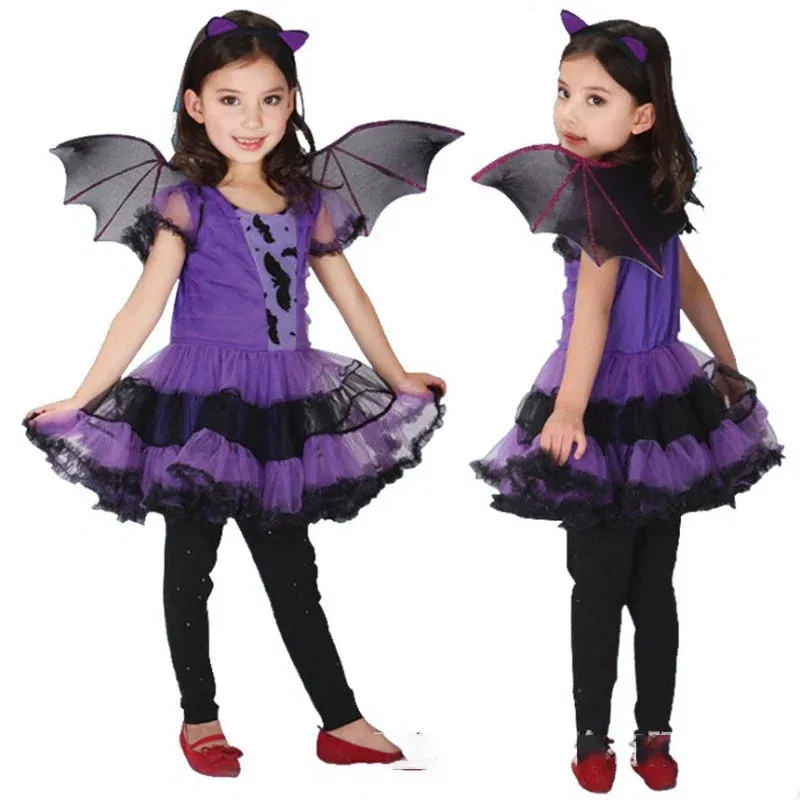 Kid Size: 18, Color: black - Halloween Children Purple Vampire Costume Girls Dress Kids Clothes Baby Bat Spider Party Cosplay Headband +Wing Outfit