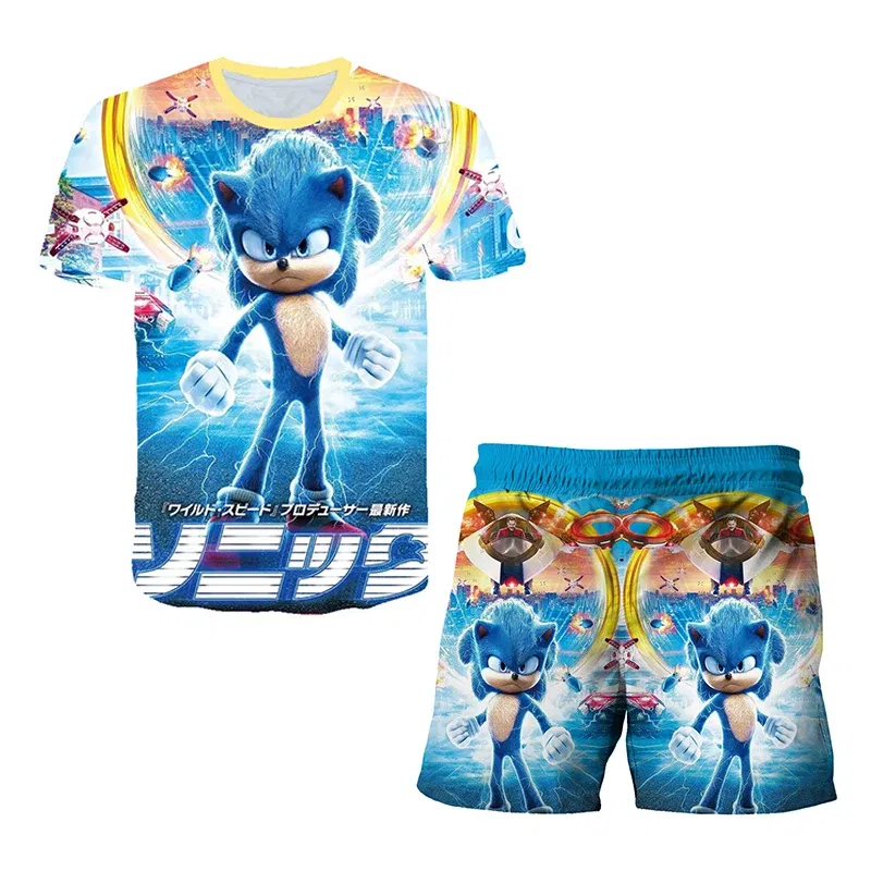 Color: black, Size: M - New Japanese cartoon Sonic T-shirt children's top T-shirt shorts two-piece set summer boy cartoon cute T-shirt+beach pants