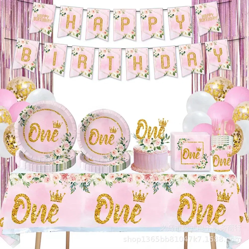 Color: Dark Khaki - Girls One First Happy Birthday Disposable Tableware  Pink Plate Napkins Cup Hat for Baby Shower 1 Year Old Birthday Party Deco