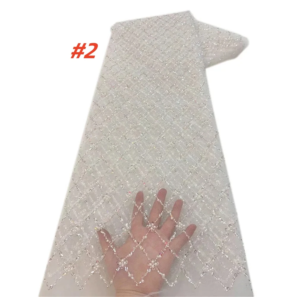 Color: Silver, Length: 5 yards, Width: 120cm - Gold African Sequins Lace Fabric 2025 High Quality French Nigerian Groom Lace Mesh Fabrics Beads For Sewing Dress Wedding Party