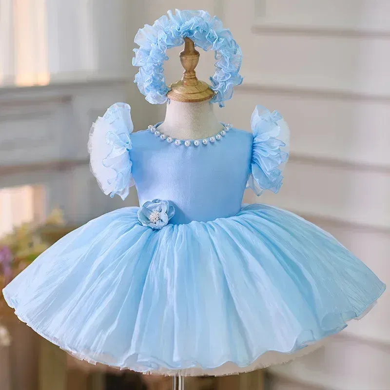 Kid Size: 7, Color: Brown - 2025 Summer Baby Girls 1st Birthday Party Dress Toddler Kids Bow Fluffy Tutu Gown Flower Girls Blue Dresses For Wedding Ceremony