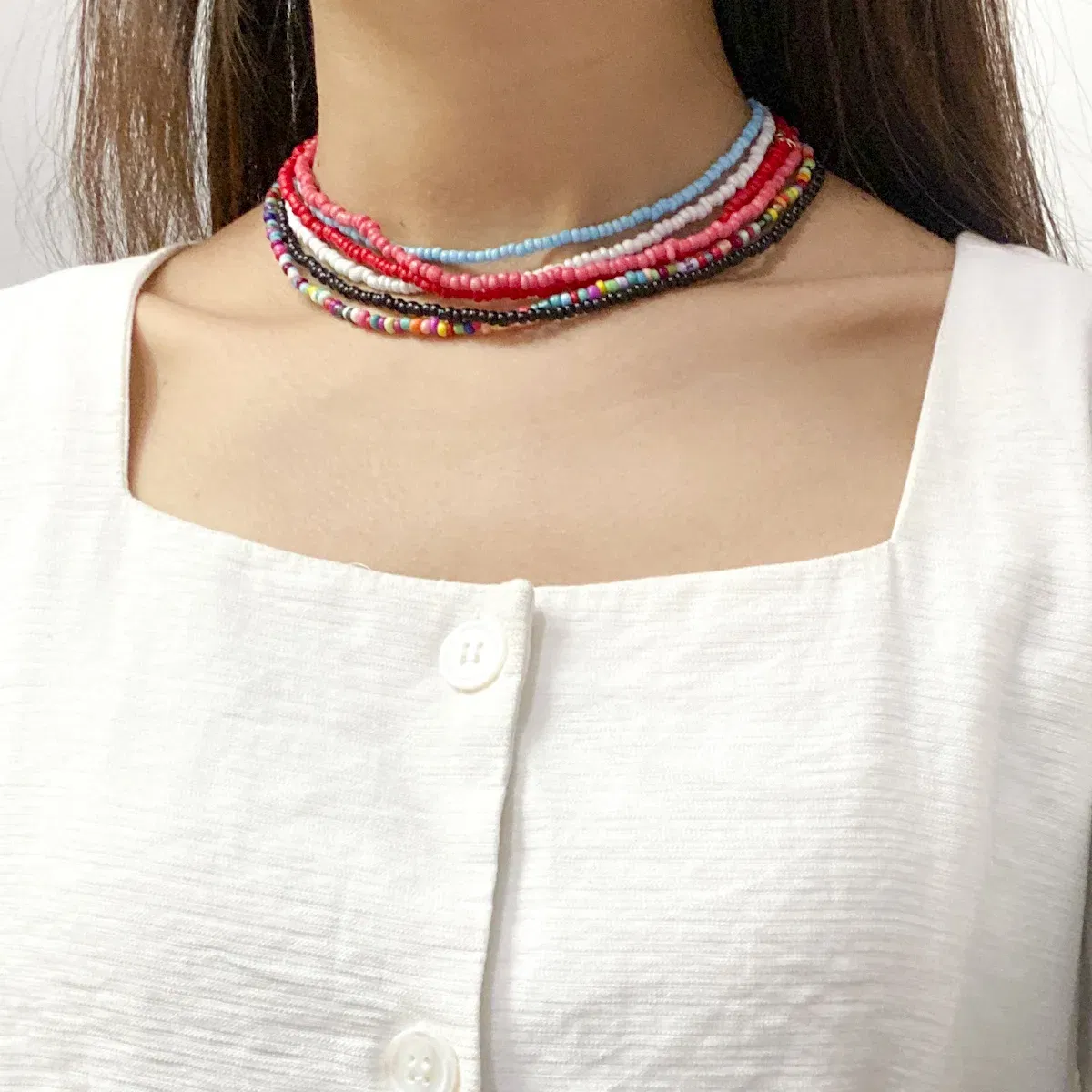 Metal Color: Steel color - 2022 New Trend Colorful Rice Beads Necklace Bohemia Fashion Style Ladies Clavicle Chain Necklace Girls String Pearl Neck Jewelry