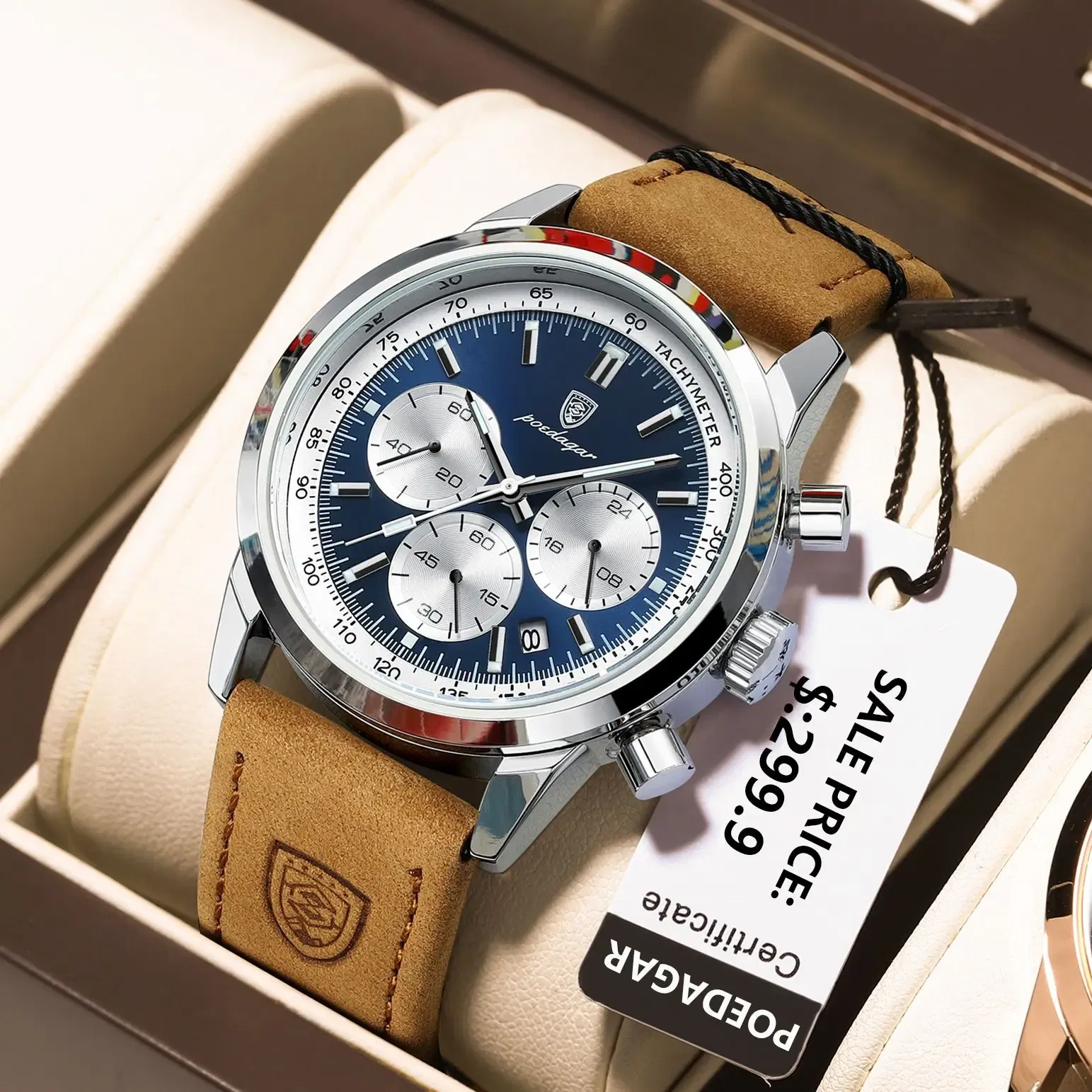 Color: Rose - POEDAGAR Man Wristwatch Luxury Sport Genuine Leather Men Quartz Watch For Men Chronograph Waterproof Luminous Date Men's Watches