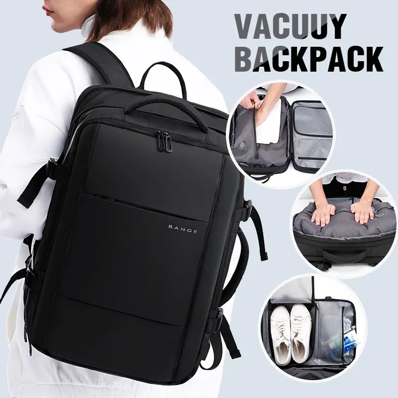 Color: black - Bange Travel Men 15.6 inch Laptop Backpack vacuum compression Backpack Business school Backpack expandable outdoor backpack