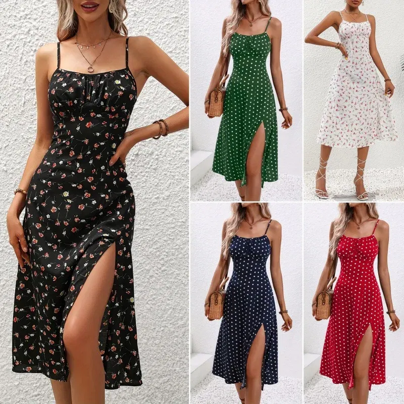 Color: SKY BLUE, Size: XL - 2025 Summer Sexy Spaghetti Straps Dress Women Fashion Polka Dot Print Sleeveless Slit Dress Boho Casual Beach Midi Dresses