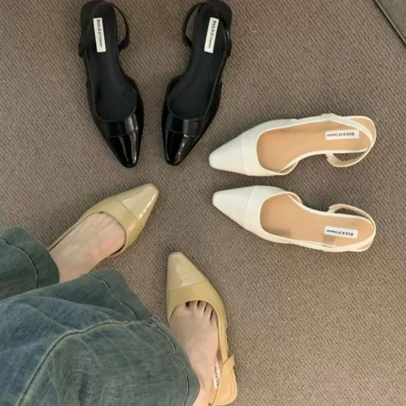 Color: WHITE, Shoe Size: 38 - 24Low Heel Baotou Sandals Women's French Nude Color Pointed Small Fragrant Style Ladies Thick Heels Back Air Style Single Shoes