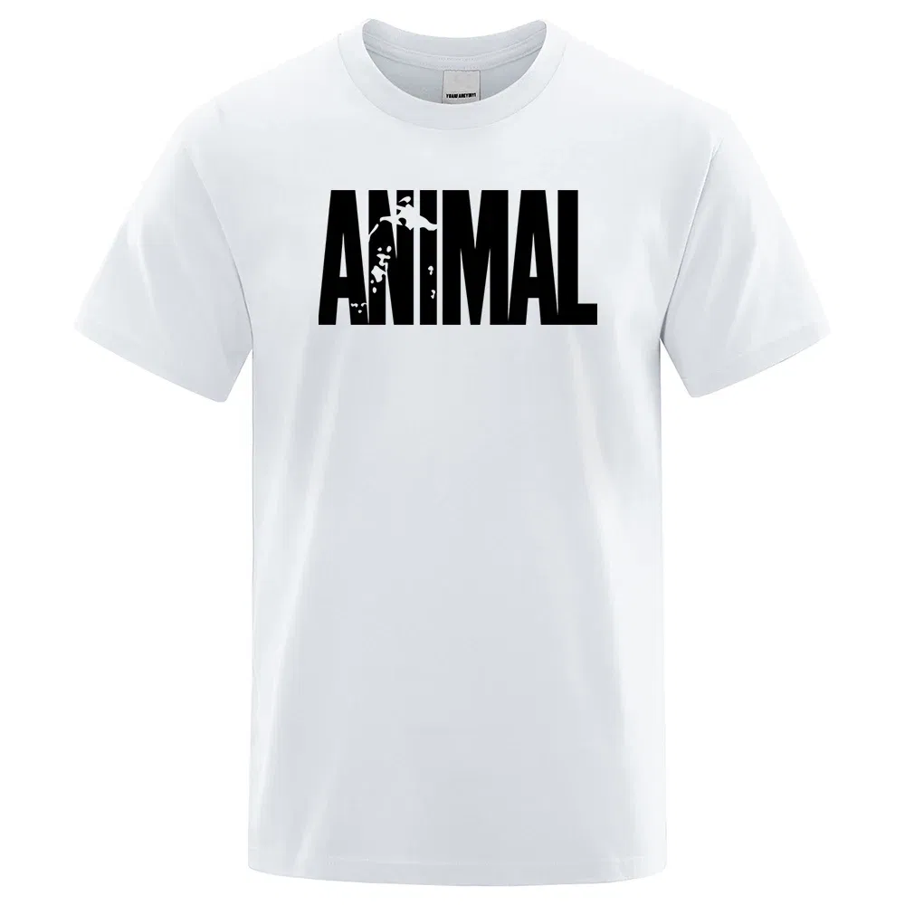 Color: Silver, Size: L - Fashion ANIMAL Letter Print Men T-Shirts Street Funny Short Sleeves Loose Oversized T Shirt O-Neck Breathable Cotton Clothing