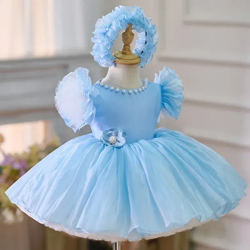 Kid Size: 11, Color: Brown - 2025 Summer Baby Girls 1st Birthday Party Dress Toddler Kids Bow Fluffy Tutu Gown Flower Girls Blue Dresses For Wedding Ceremony