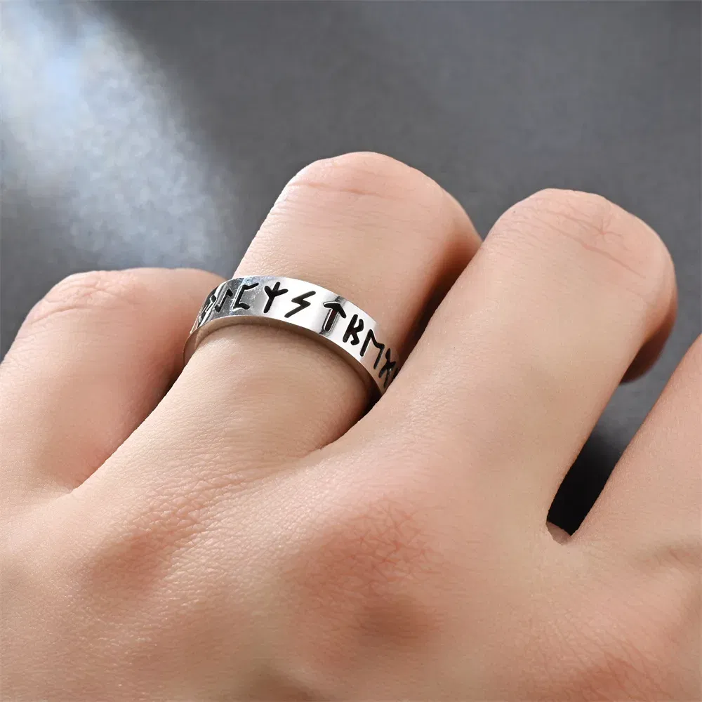 Main Stone Color: GOLD, Ring Size: 3 - 2023 New Stainless Steel Hollow Out Ring for Men Women Fashion Hollow Rune Design Finger Anillo Antiestres Anxiety Rings