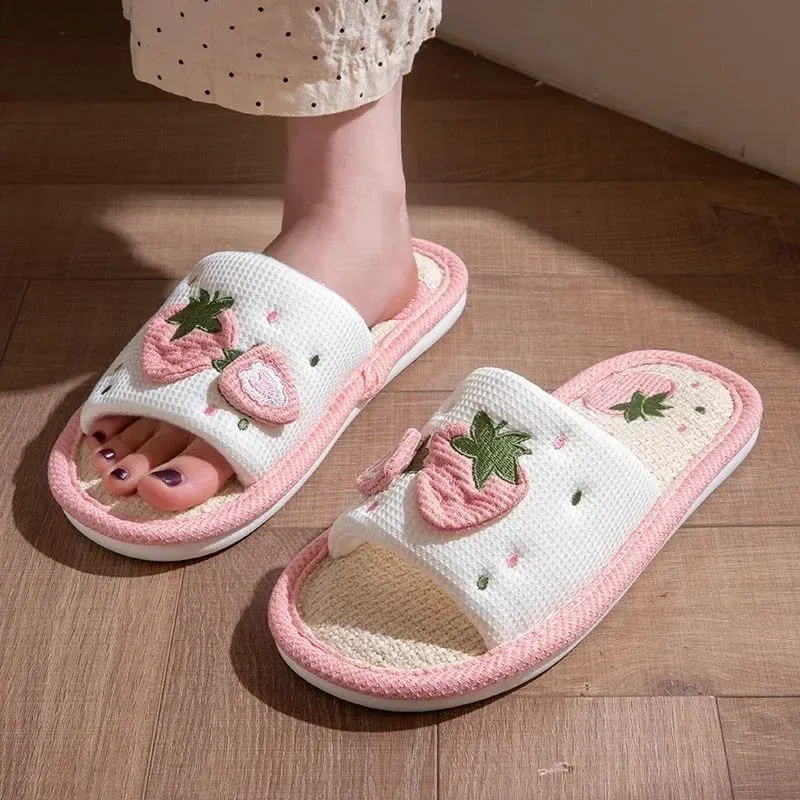 Shoe Size: 38-39, Color: Grape - Strawberry Linen Upper Sweet Home Girl's Soft Soles Silent Non-slip Floor Slippers in Line with Human Bow Science Shoes Sandals