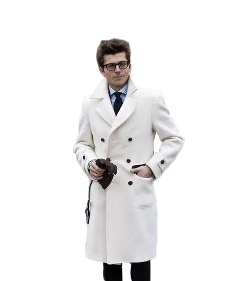 Color: Champagne, Size: 50 - Solid White England Style Woolen Overcoat Men's Thick Plus Double-Breasted Long Coat Casual Winter Fashion Warm Jacket