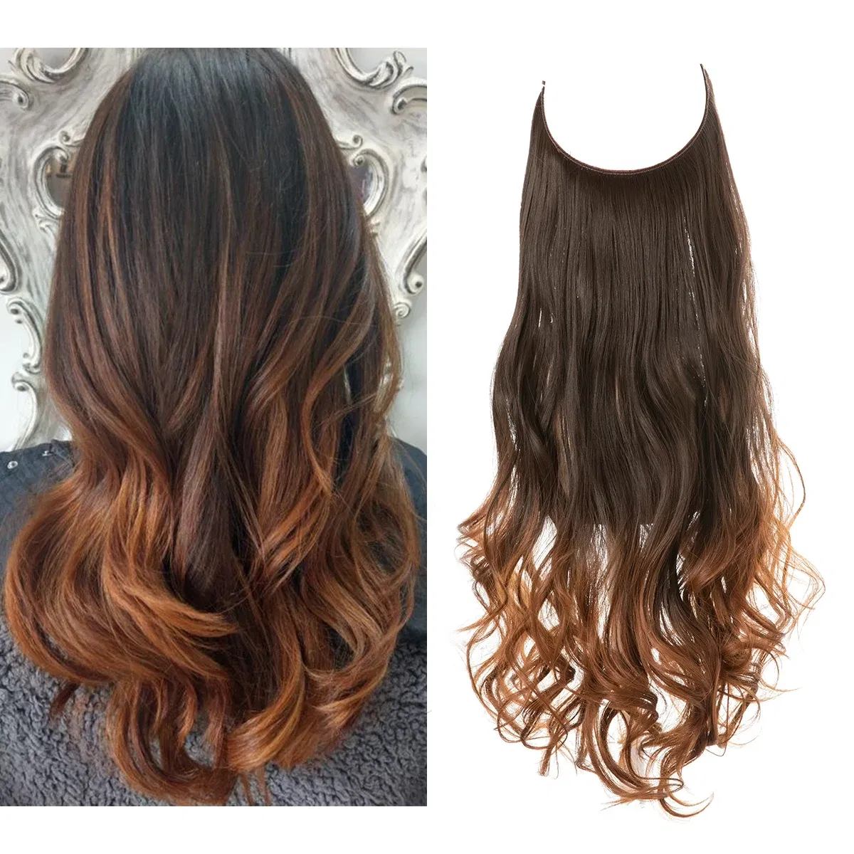 Color: #35, Stretched Length: 18inches - Synthetic No Clip Wave Hair Extensions Ombre Natural Black Blonde Pink One Piece False Hairpiece Fish Line Fake Hair Piece