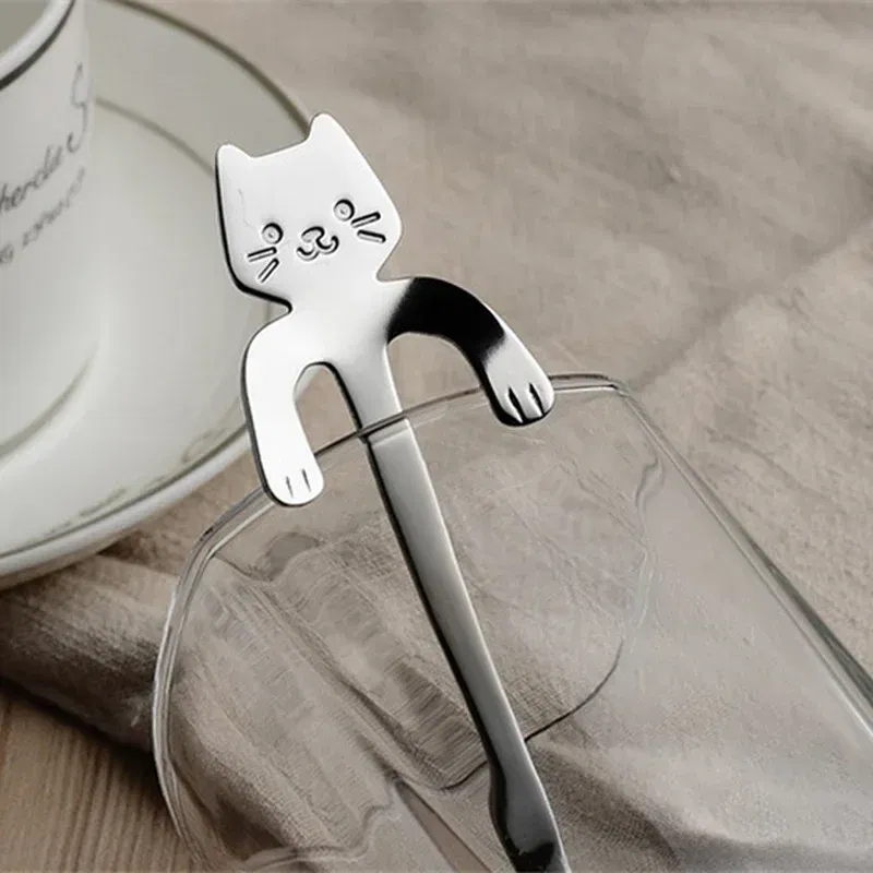 Color: Brown - Stainless Steel Coffee Spoon Lovely Cute Cat Shape Teaspoon Dessert Snack Scoop Ice Cream Mini Spoons Tableware Kitchen Tools