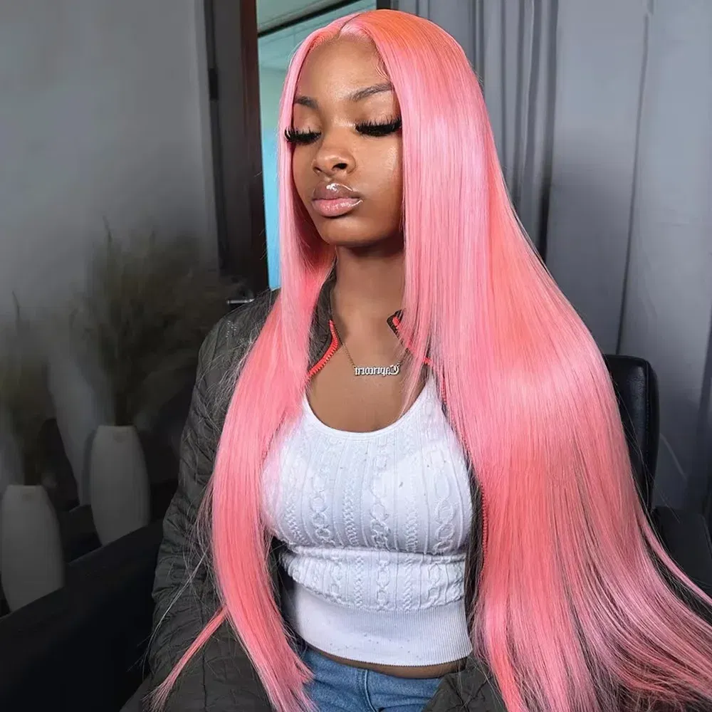 Stretched Length: 8inches, Hair Color: #6, Density: 180%, Ships From: CHINA - Bone Straight 13x6 HD Light Pink Lace Front Wigs 100% Human Hair For Women Brazilian 613 Color 13x4 Lace Frontal Wig Pre Plucked