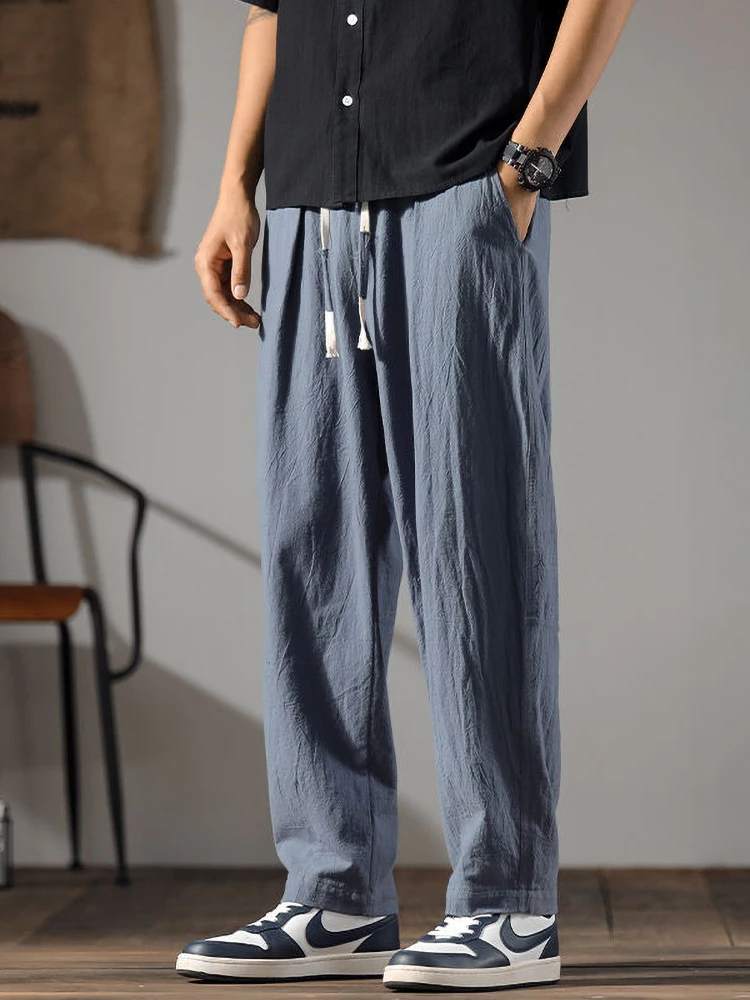 Color: SKY BLUE, Size: XL - Japenese Cotton Linen Pants Men Summer Straight Casual Ice Silk Sweatpants Male Wide leg Oversize Linen Trousers 2024 New