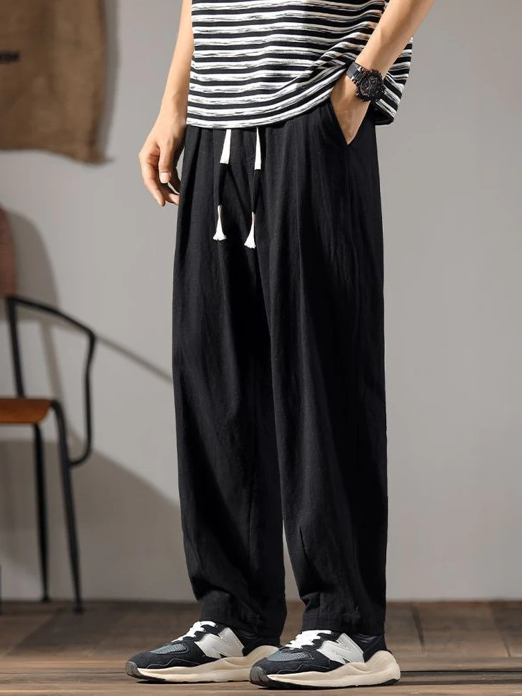 Color: SKY BLUE, Size: XL - Japenese Cotton Linen Pants Men Summer Straight Casual Ice Silk Sweatpants Male Wide leg Oversize Linen Trousers 2024 New