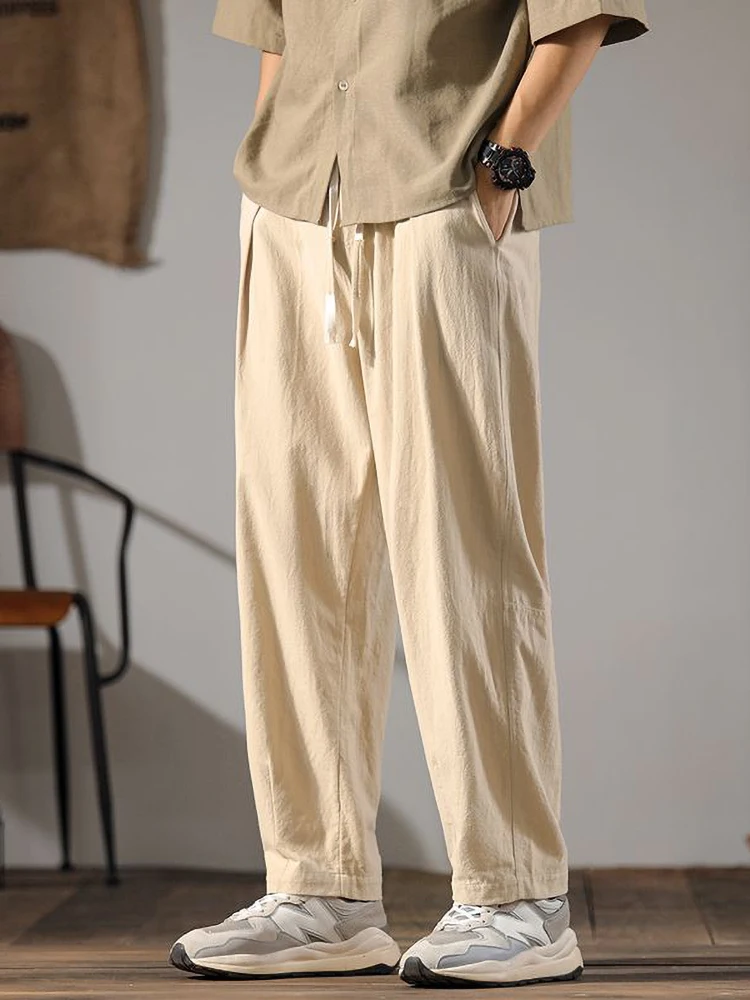 Color: SKY BLUE, Size: XL - Japenese Cotton Linen Pants Men Summer Straight Casual Ice Silk Sweatpants Male Wide leg Oversize Linen Trousers 2024 New