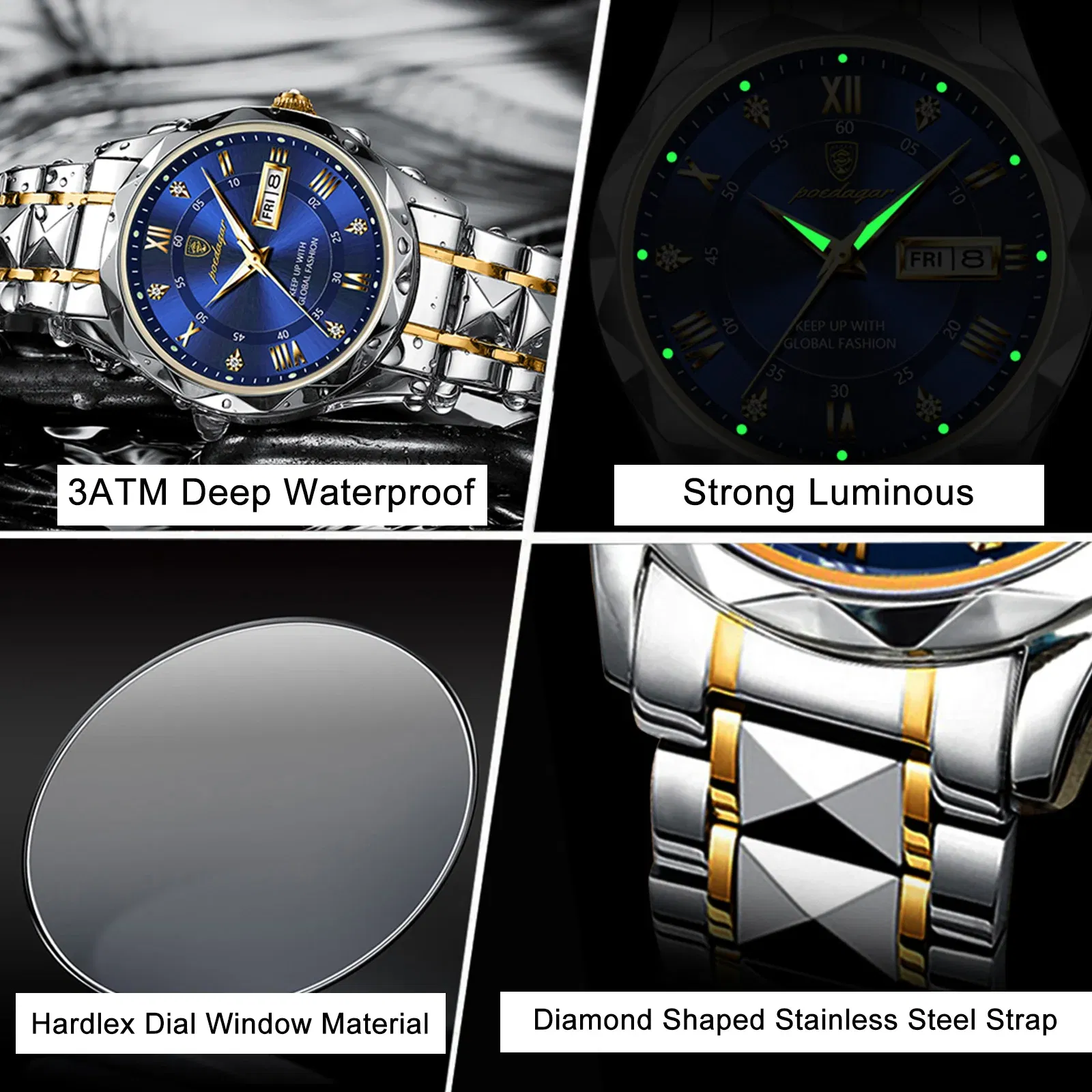 Color: Pink - POEDAGAR Top Luxury Men Quartz Watch For Men Sports Waterproof Luminous Stainless Steel Date Week Men's Watches Male Clock reloj