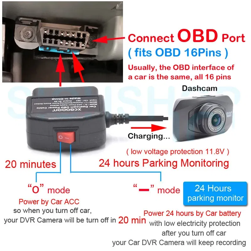 Color Name: Orange - XCGaoon 24Hours Car OBD Hardwire Kit With Mini Mico USB Port 5V 3A Charging Cable For XiaoMi 70Mai YI 360 Dash Cam DVR