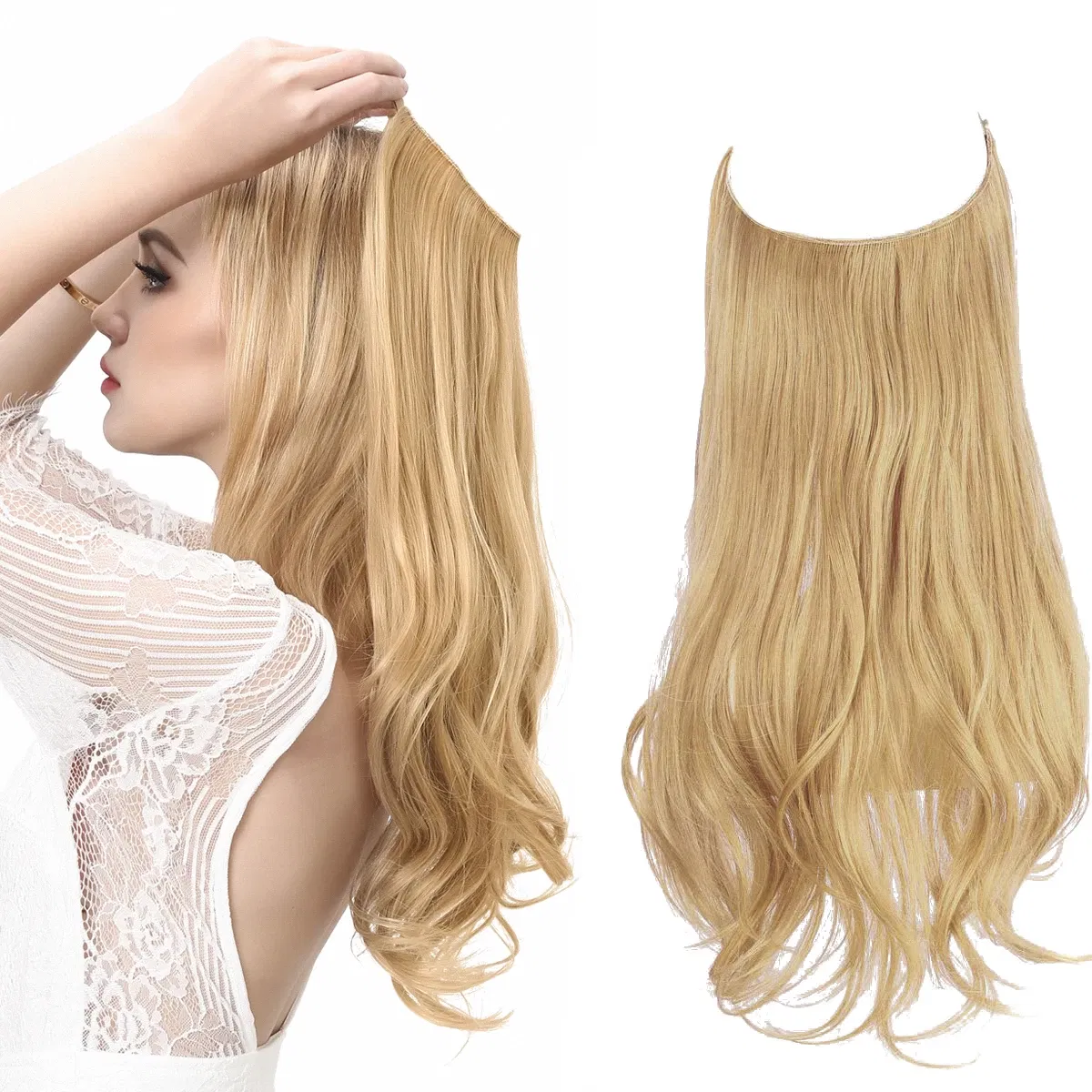 Color: OMBRE, Stretched Length: 14inches - Synthetic No Clip Wave Hair Extensions Ombre Natural Black Blonde Pink One Piece False Hairpiece Fish Line Fake Hair Piece