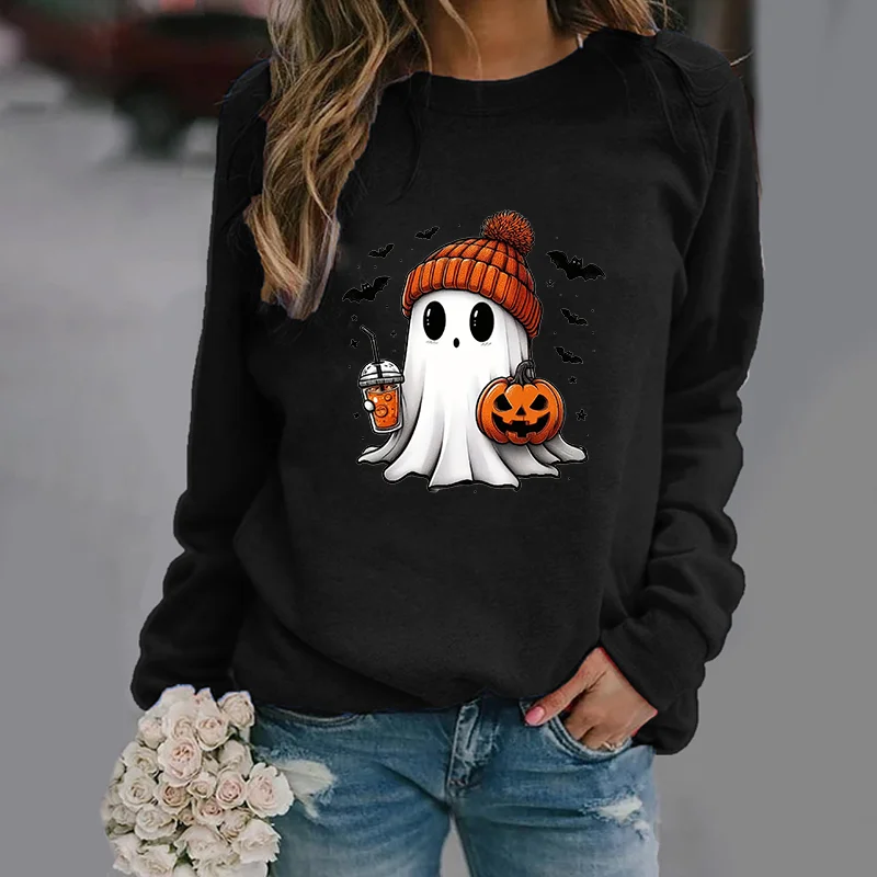 Color: black, Size: XXXL - Cute Ghost Pattern Sweater Women's Casual Halloween Ghost Harajuku Pullover Fall Women's Tops