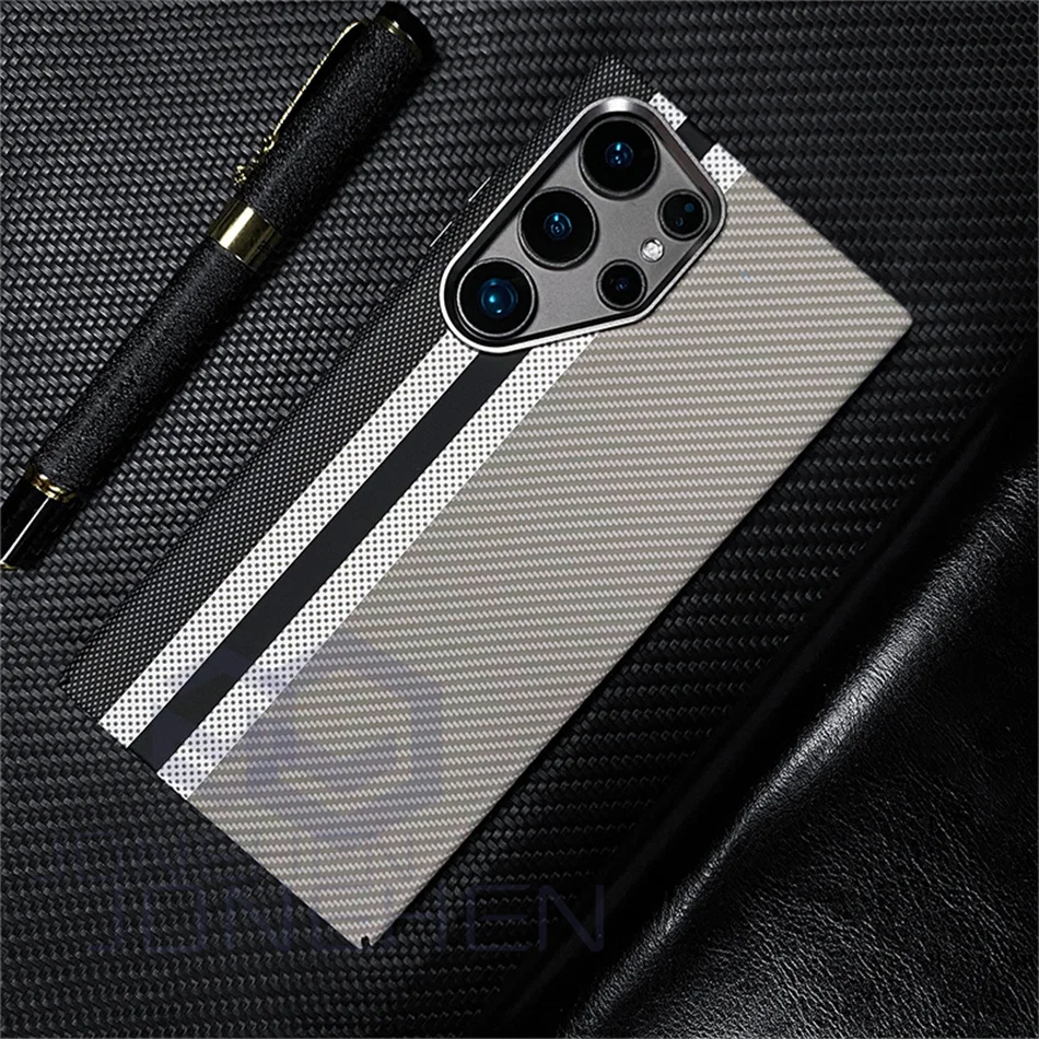 Color: Beige, Material: leather - Carbon Fibre 3D Relief For MagSafe Case For Samsung Galaxy S24 Ultra S23 Plus Wireless Charge Hard PC Shockproof Magnetic Cover
