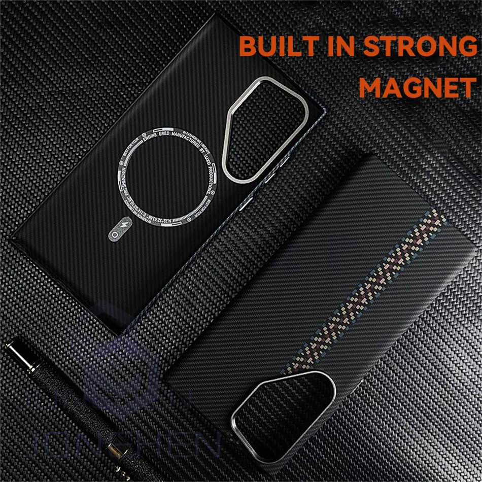 Color: Beige, Material: leather - Carbon Fibre 3D Relief For MagSafe Case For Samsung Galaxy S24 Ultra S23 Plus Wireless Charge Hard PC Shockproof Magnetic Cover