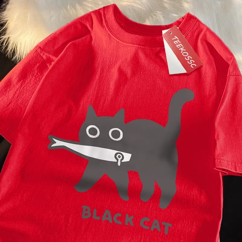 Color: black, Size: XL - Fun A Black Cat Eating Fish Japanese Style Men Women T-Shirt Fashion Print T Shirt Breathable Oversize T-Shirts Cotton Clothes