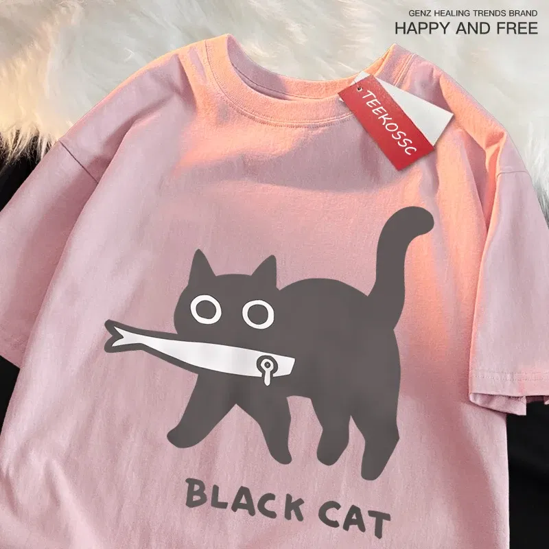 Color: black, Size: XL - Fun A Black Cat Eating Fish Japanese Style Men Women T-Shirt Fashion Print T Shirt Breathable Oversize T-Shirts Cotton Clothes