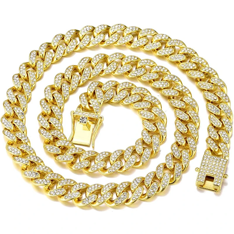 Metal Color: Dark Gold, Length: 40cm - Men Women Hip hop Iced Out Bling Chain Necklace High quality 13mm width Miami Cuban Chain HipHop Necklaces Fashion Jewelry