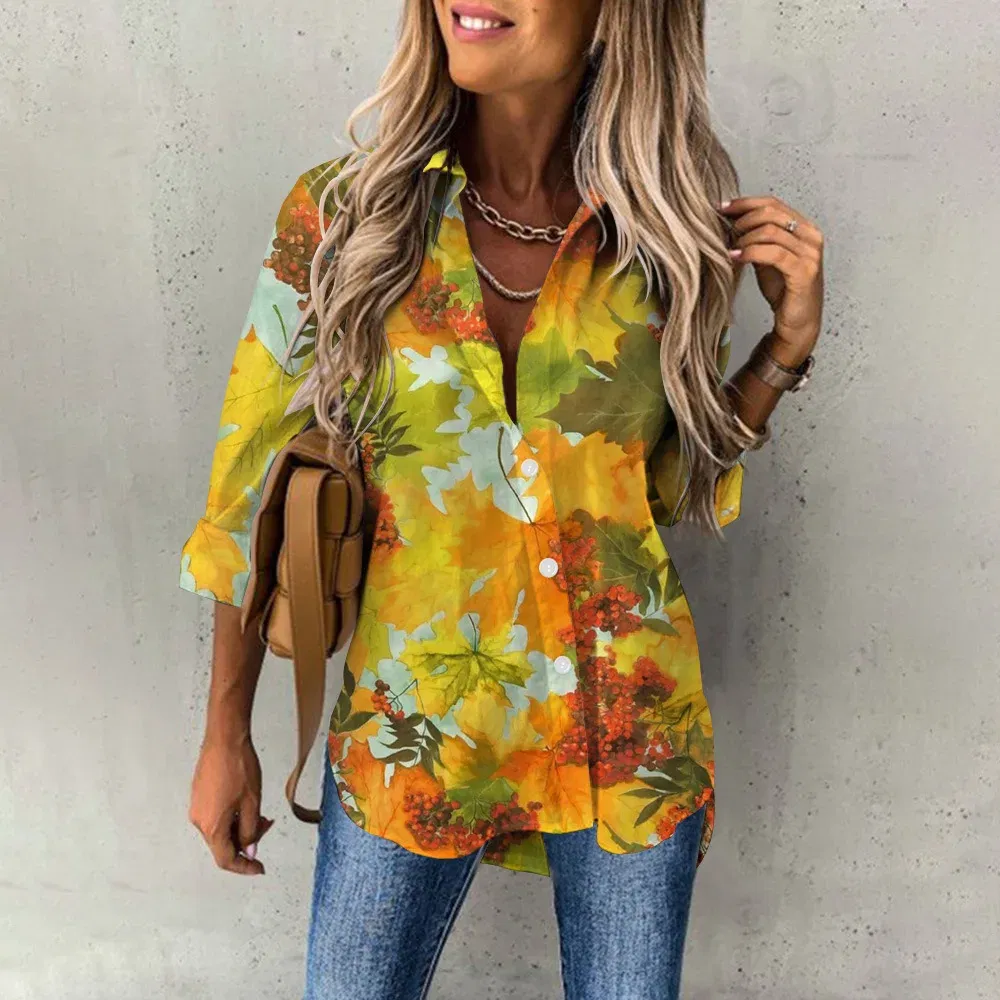 Color: Orange, Size: L - Ladies Long Sleeved Shirt Vacation Style Coconut Tree 3D Digital Printed Button Up Collar Loose Casual Ladies Blouse 2024 Autumn