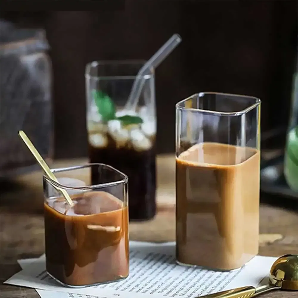 Color: green, Capacity: 301-400ml - Square Simple Glass Cup Transparent Cold Drink Large-capacity Milk Juice Tea Drink Water Mousse Cups Wine Glass Beer Coffee Mug