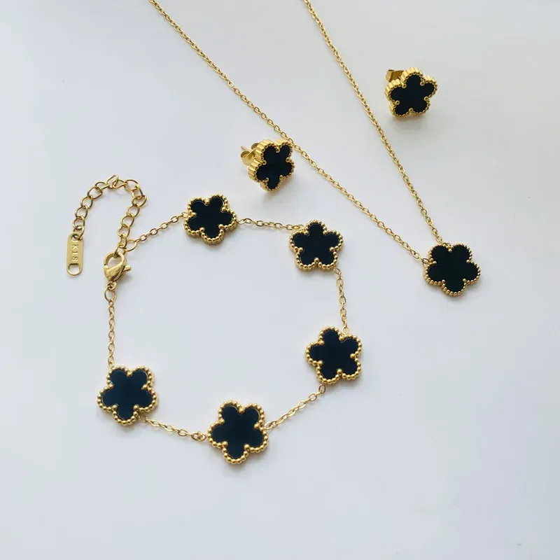 Metal color: SILVER PLATED - 3pcs/set Stainless Steel Flower Jewelry Set Gifts Luxury Modern Fashion Charm Necklace Earrings Bracelet Set Jewelry for Women