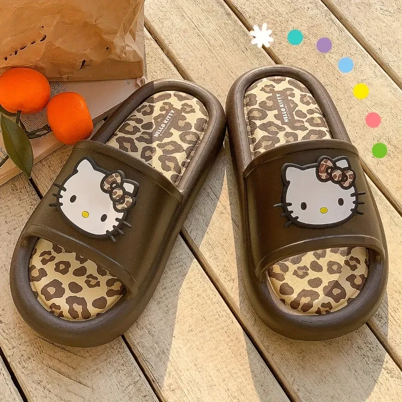 Color: Grape, Shoe Size: 38-39 - Miniso Hello Kitty Cute Leopard Print Slippers Trendy Open-Toe Slide Sandals in Chic Two-Tone Design Comfortable EVA Material