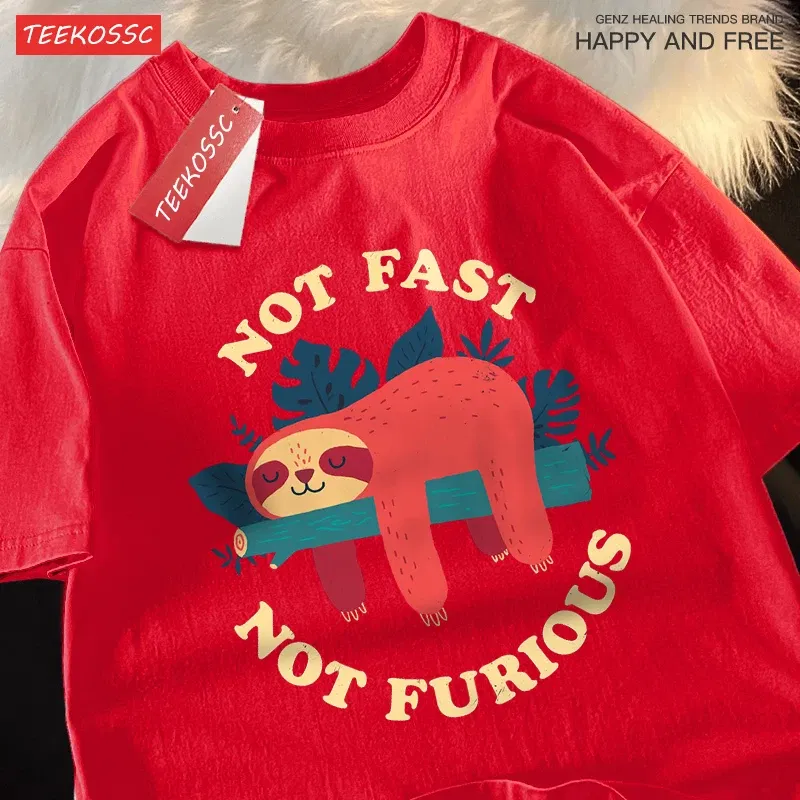 Color: PURPLE, Size: M - Not Fast Not Furious Cute Sloth Male T Shirts Hip Hop Crewneck Short Sleeve Summer Cotton Tops Casual Sweat Oversized T-Shirts
