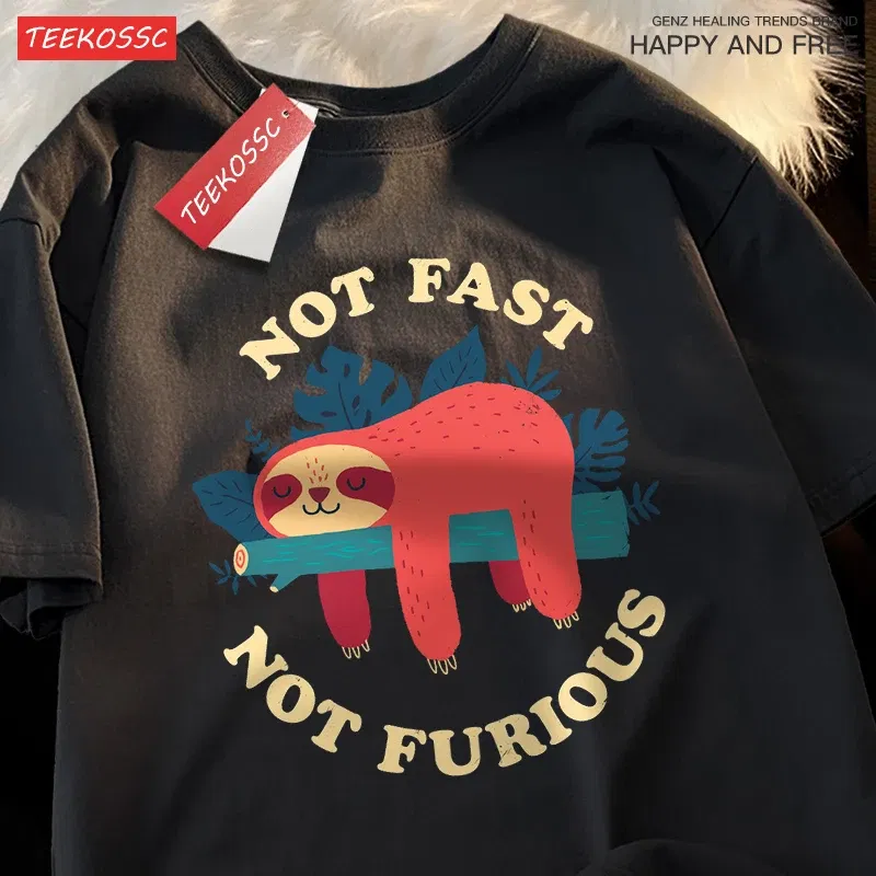 Color: PURPLE, Size: M - Not Fast Not Furious Cute Sloth Male T Shirts Hip Hop Crewneck Short Sleeve Summer Cotton Tops Casual Sweat Oversized T-Shirts