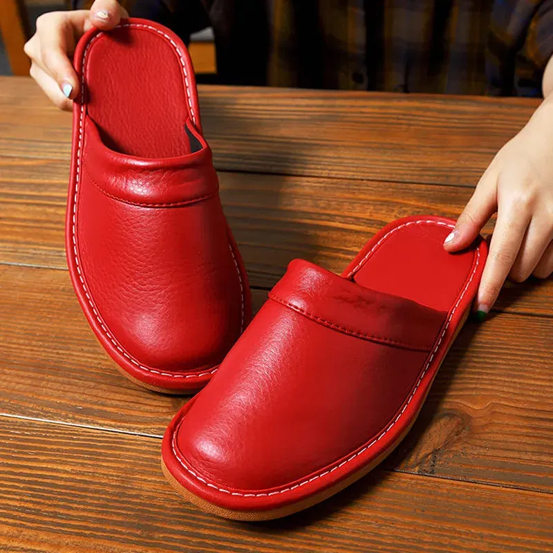 Color: Blue, Shoe Size: 7 - Mens Bedroom Leather Slippers Unisex Black Home Shoes Big Size 47 48 Man's Slippers Indoor Comfy Males Slides Family Flats Shoes