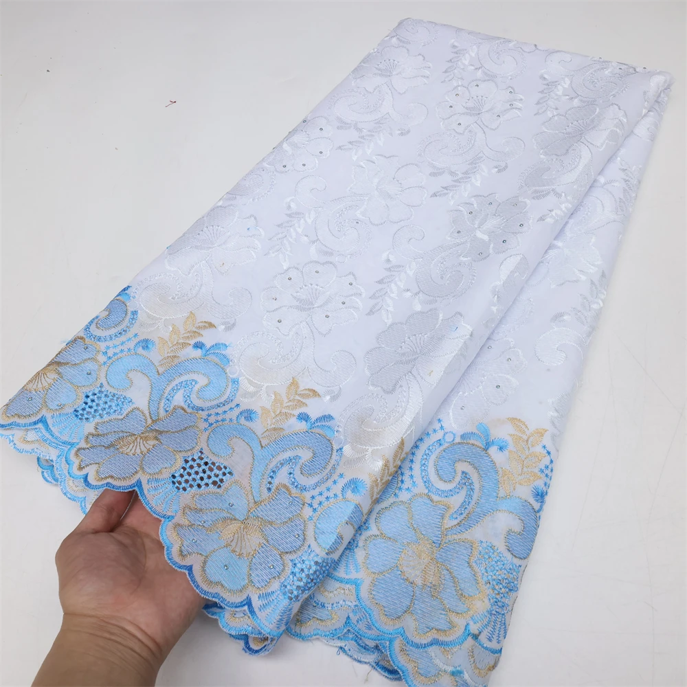 Color: BROWN, Length: 5 yards, Width: 120cm - Latest Dry Cotton African Lace Fabric High Quality 2024 Swiss Voile Lace Fabric with Stones For Nigeria Wedding Sewing Dresses