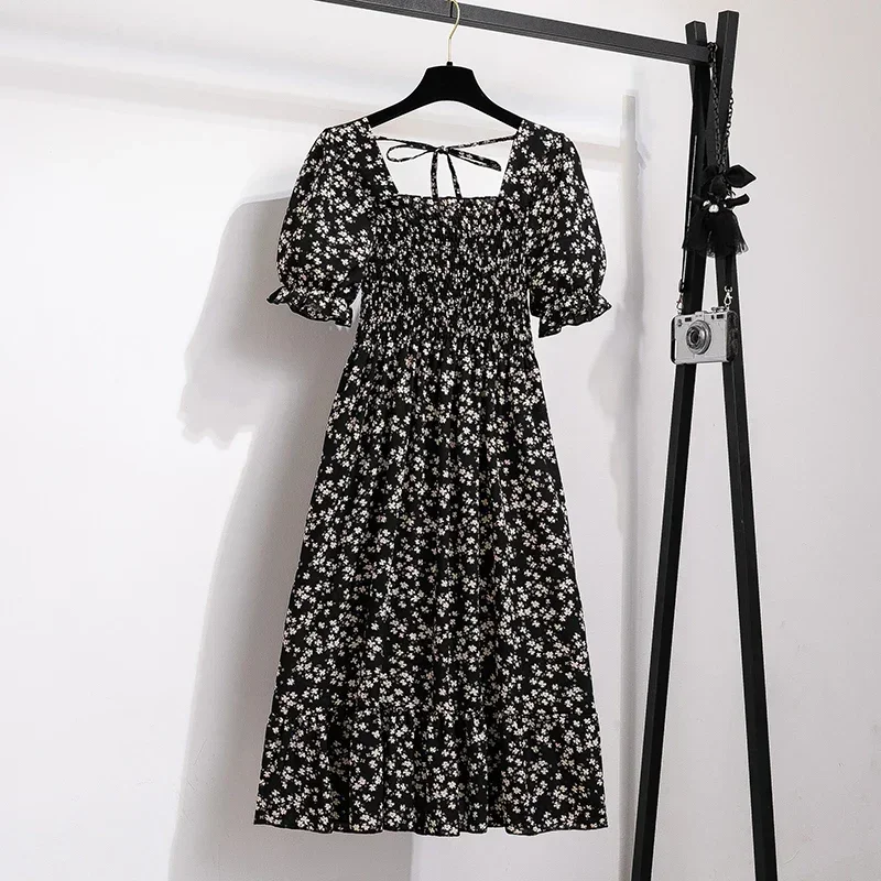Color: Dark Green, Size: One Size - Spring Summer Chiffon Dresses Fashion Female Elastic Waist Short Sleeve Pleated Casual Dress Women A-line Dresses Vestidos