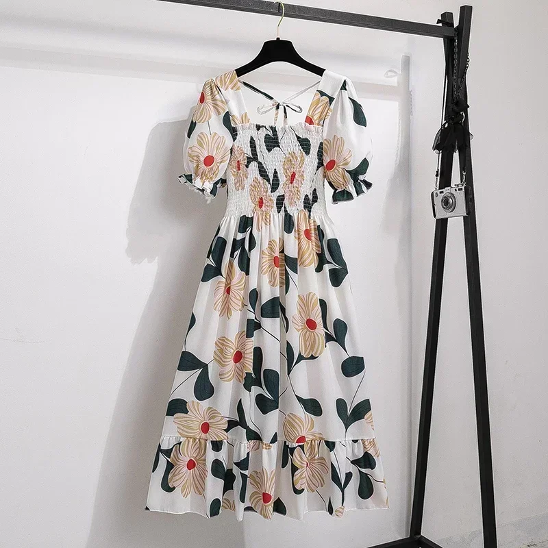 Color: Dark Green, Size: One Size - Spring Summer Chiffon Dresses Fashion Female Elastic Waist Short Sleeve Pleated Casual Dress Women A-line Dresses Vestidos