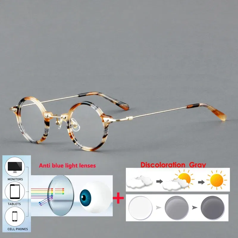 Frame Color: Yellow, Eye Prescription: +400 - VCKA Anti-blue Discolor Acetate+Titanium Myopia Glasses Frames Small Round Men Prescription Optical Women Eyewear -0.50 to -10.0