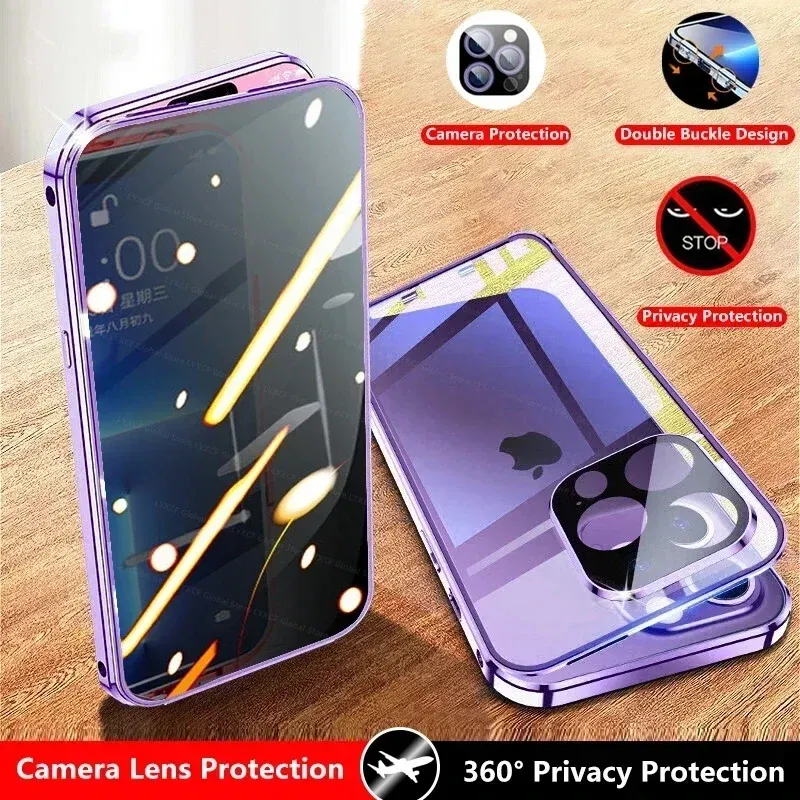 Color: Blue, Material: Neoprene - Double-Sided Privacy Magnetic Case For iPhone 16 12 13 14 15 11 Pro Max 14 Plus 16 Plus Anti Peeping Full Cover Metal Frame Case