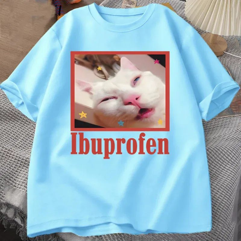 Color: Blue, Size: XXL - Ibuprofen Cat Meme Tshirt Funny Cat Graphic Tee Cute Cat Lover Cotton T-Shirt Casual Funny T Shirts Unisex Oversized Tshirt Tee